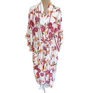 Natori Silky Peony Asian Floral Kimono Wrap Robe Midi Feminine Japanese